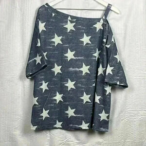 Women’s Blue Tee Shirt White Star Pattern Short Sleeves  Shoulder Cutout 2XL